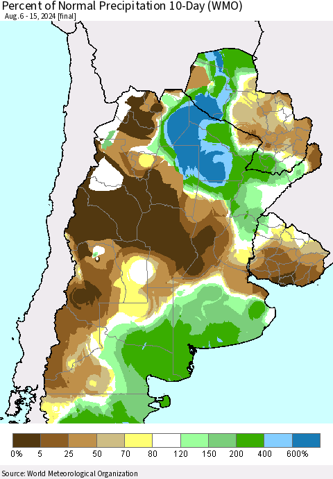 Southern South America Percent of Normal Precipitation 10-Day (WMO) Thematic Map For 8/6/2024 - 8/15/2024