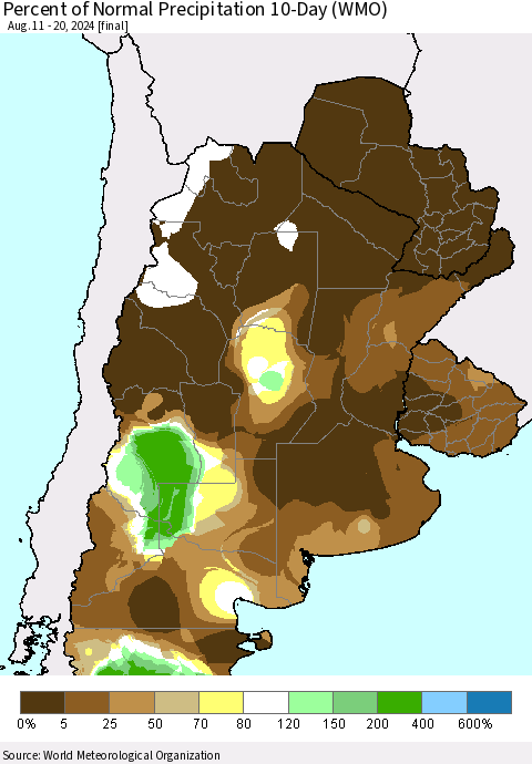 Southern South America Percent of Normal Precipitation 10-Day (WMO) Thematic Map For 8/11/2024 - 8/20/2024