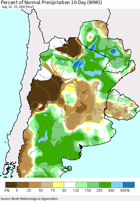 Southern South America Percent of Normal Precipitation 10-Day (WMO) Thematic Map For 8/16/2024 - 8/25/2024