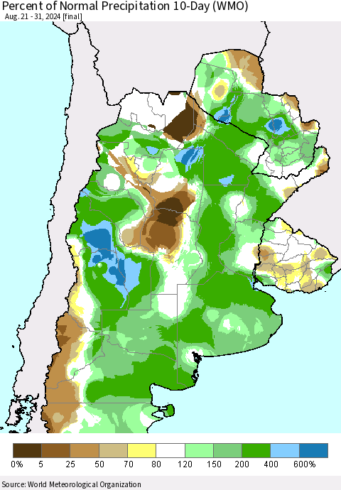 Southern South America Percent of Normal Precipitation 10-Day (WMO) Thematic Map For 8/21/2024 - 8/31/2024