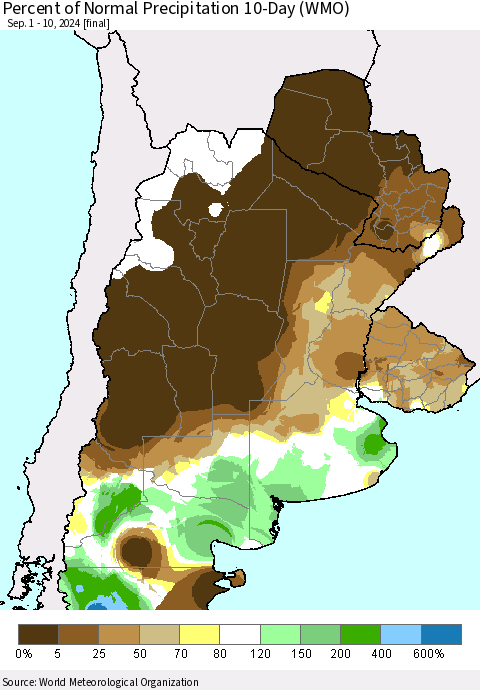Southern South America Percent of Normal Precipitation 10-Day (WMO) Thematic Map For 9/1/2024 - 9/10/2024
