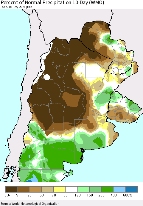 Southern South America Percent of Normal Precipitation 10-Day (WMO) Thematic Map For 9/16/2024 - 9/25/2024