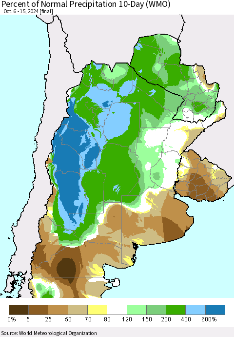Southern South America Percent of Normal Precipitation 10-Day (WMO) Thematic Map For 10/6/2024 - 10/15/2024
