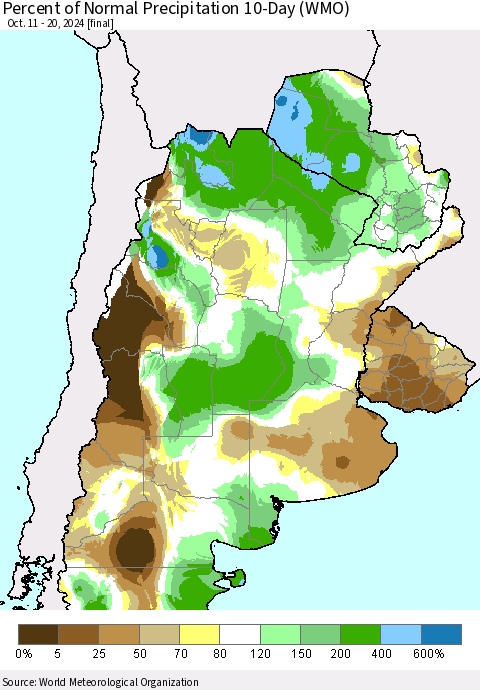 Southern South America Percent of Normal Precipitation 10-Day (WMO) Thematic Map For 10/11/2024 - 10/20/2024