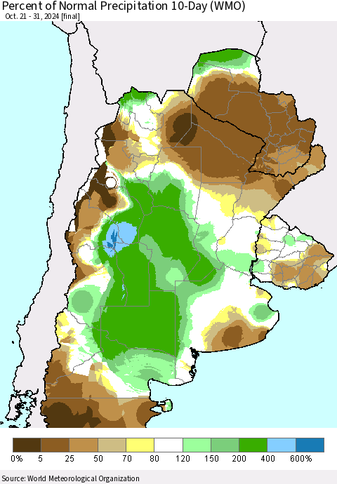 Southern South America Percent of Normal Precipitation 10-Day (WMO) Thematic Map For 10/21/2024 - 10/31/2024