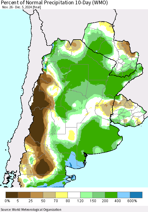 Southern South America Percent of Normal Precipitation 10-Day (WMO) Thematic Map For 11/26/2024 - 12/5/2024