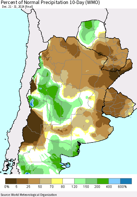 Southern South America Percent of Normal Precipitation 10-Day (WMO) Thematic Map For 12/21/2024 - 12/31/2024