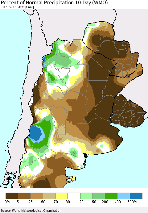 Southern South America Percent of Normal Precipitation 10-Day (WMO) Thematic Map For 1/6/2025 - 1/15/2025
