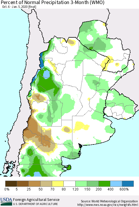 Southern South America Percent of Normal Precipitation 3-Month (WMO) Thematic Map For 10/6/2019 - 1/5/2020