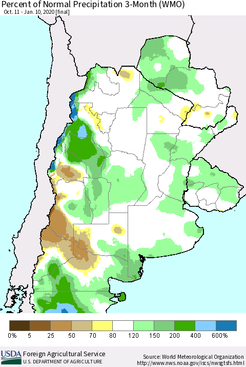 Southern South America Percent of Normal Precipitation 3-Month (WMO) Thematic Map For 10/11/2019 - 1/10/2020