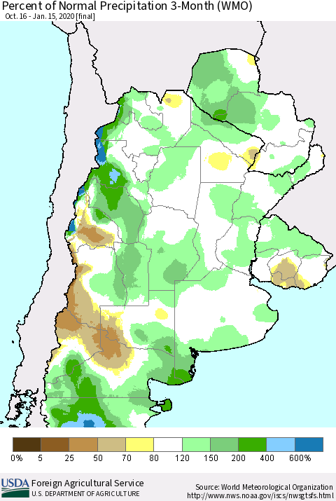 Southern South America Percent of Normal Precipitation 3-Month (WMO) Thematic Map For 10/16/2019 - 1/15/2020