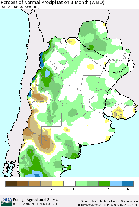Southern South America Percent of Normal Precipitation 3-Month (WMO) Thematic Map For 10/21/2019 - 1/20/2020