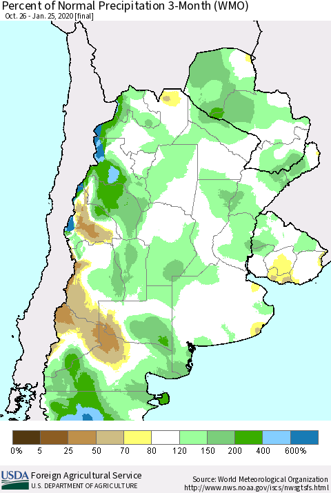 Southern South America Percent of Normal Precipitation 3-Month (WMO) Thematic Map For 10/26/2019 - 1/25/2020