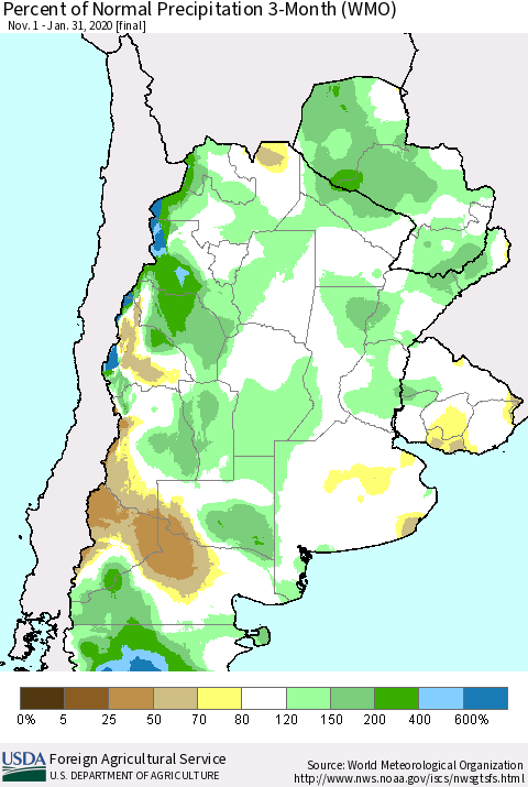 Southern South America Percent of Normal Precipitation 3-Month (WMO) Thematic Map For 11/1/2019 - 1/31/2020