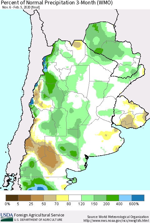 Southern South America Percent of Normal Precipitation 3-Month (WMO) Thematic Map For 11/6/2019 - 2/5/2020