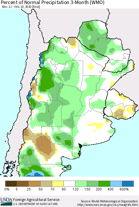 Southern South America Percent of Normal Precipitation 3-Month (WMO) Thematic Map For 11/11/2019 - 2/10/2020
