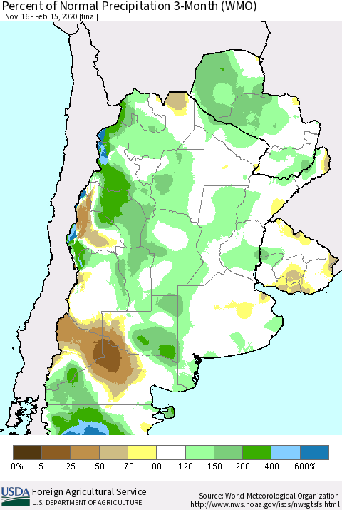 Southern South America Percent of Normal Precipitation 3-Month (WMO) Thematic Map For 11/16/2019 - 2/15/2020