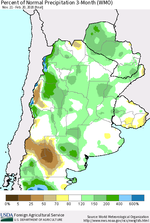 Southern South America Percent of Normal Precipitation 3-Month (WMO) Thematic Map For 11/21/2019 - 2/20/2020