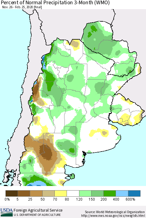 Southern South America Percent of Normal Precipitation 3-Month (WMO) Thematic Map For 11/26/2019 - 2/25/2020