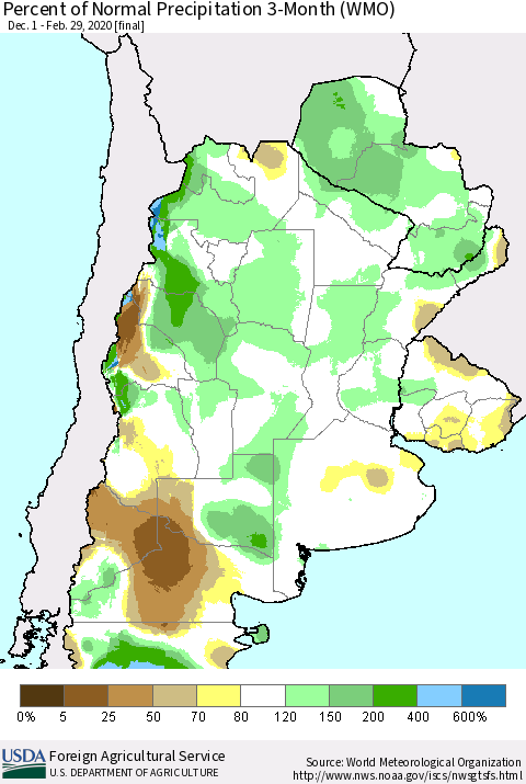 Southern South America Percent of Normal Precipitation 3-Month (WMO) Thematic Map For 12/1/2019 - 2/29/2020