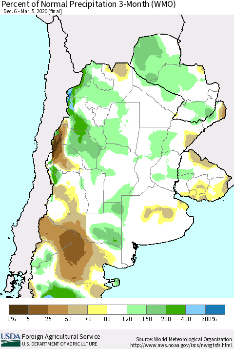Southern South America Percent of Normal Precipitation 3-Month (WMO) Thematic Map For 12/6/2019 - 3/5/2020