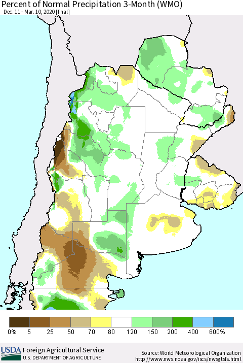 Southern South America Percent of Normal Precipitation 3-Month (WMO) Thematic Map For 12/11/2019 - 3/10/2020
