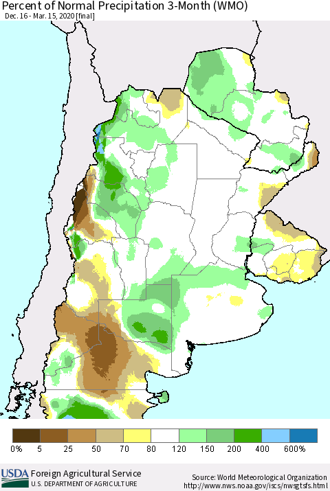 Southern South America Percent of Normal Precipitation 3-Month (WMO) Thematic Map For 12/16/2019 - 3/15/2020