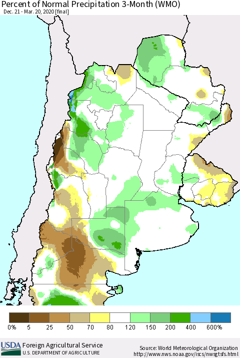 Southern South America Percent of Normal Precipitation 3-Month (WMO) Thematic Map For 12/21/2019 - 3/20/2020
