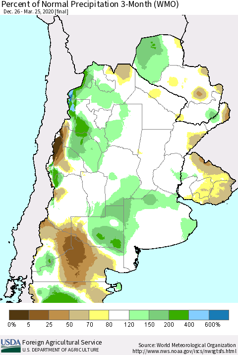 Southern South America Percent of Normal Precipitation 3-Month (WMO) Thematic Map For 12/26/2019 - 3/25/2020
