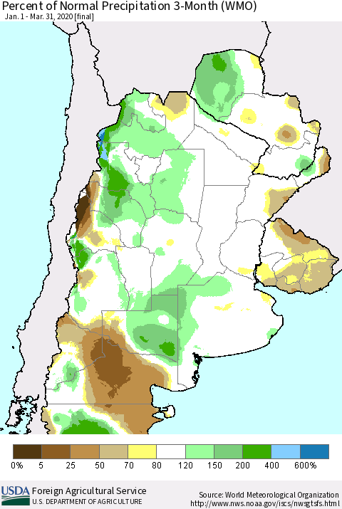 Southern South America Percent of Normal Precipitation 3-Month (WMO) Thematic Map For 1/1/2020 - 3/31/2020