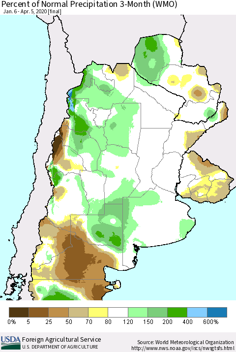 Southern South America Percent of Normal Precipitation 3-Month (WMO) Thematic Map For 1/6/2020 - 4/5/2020
