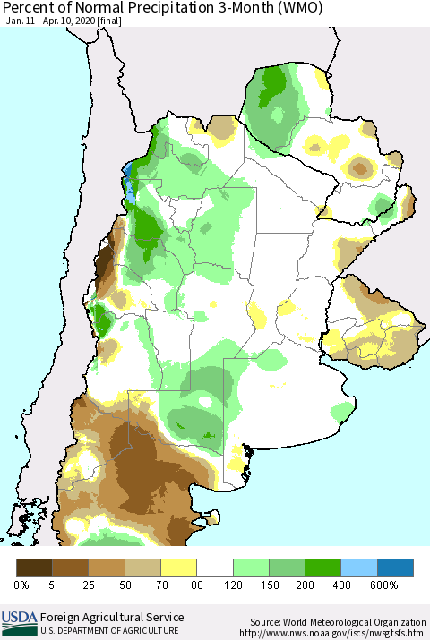 Southern South America Percent of Normal Precipitation 3-Month (WMO) Thematic Map For 1/11/2020 - 4/10/2020