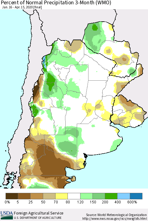 Southern South America Percent of Normal Precipitation 3-Month (WMO) Thematic Map For 1/16/2020 - 4/15/2020