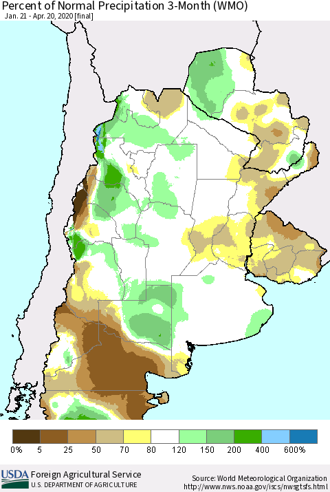 Southern South America Percent of Normal Precipitation 3-Month (WMO) Thematic Map For 1/21/2020 - 4/20/2020