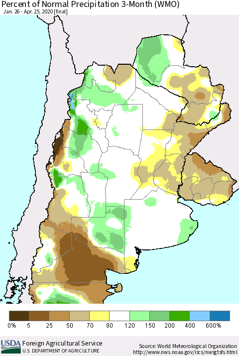 Southern South America Percent of Normal Precipitation 3-Month (WMO) Thematic Map For 1/26/2020 - 4/25/2020