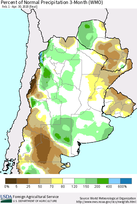 Southern South America Percent of Normal Precipitation 3-Month (WMO) Thematic Map For 2/1/2020 - 4/30/2020