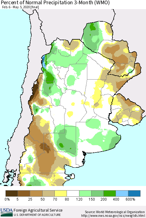 Southern South America Percent of Normal Precipitation 3-Month (WMO) Thematic Map For 2/6/2020 - 5/5/2020