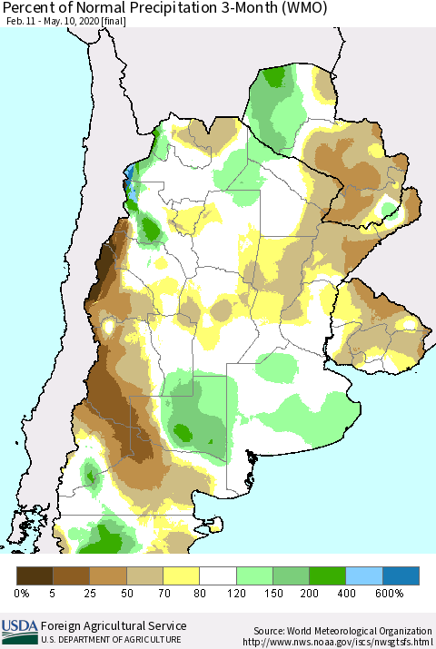 Southern South America Percent of Normal Precipitation 3-Month (WMO) Thematic Map For 2/11/2020 - 5/10/2020
