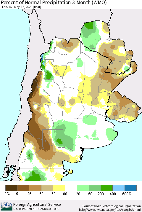 Southern South America Percent of Normal Precipitation 3-Month (WMO) Thematic Map For 2/16/2020 - 5/15/2020