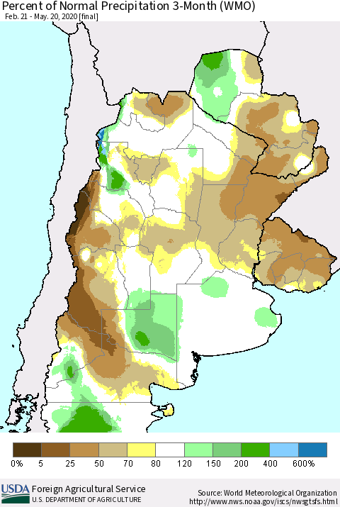 Southern South America Percent of Normal Precipitation 3-Month (WMO) Thematic Map For 2/21/2020 - 5/20/2020