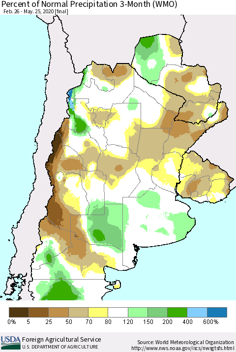 Southern South America Percent of Normal Precipitation 3-Month (WMO) Thematic Map For 2/26/2020 - 5/25/2020