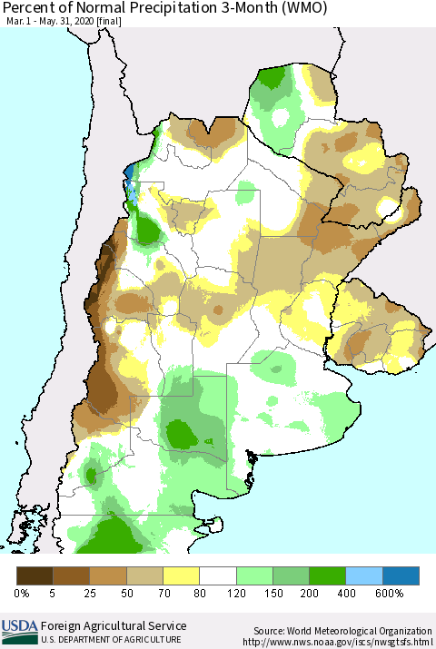 Southern South America Percent of Normal Precipitation 3-Month (WMO) Thematic Map For 3/1/2020 - 5/31/2020