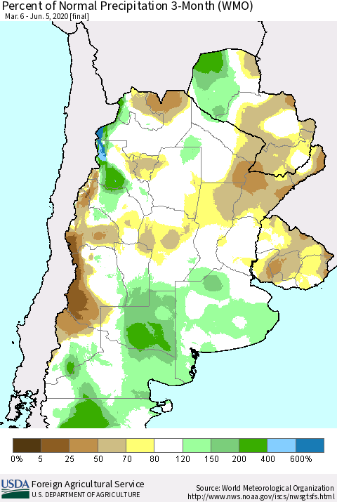 Southern South America Percent of Normal Precipitation 3-Month (WMO) Thematic Map For 3/6/2020 - 6/5/2020