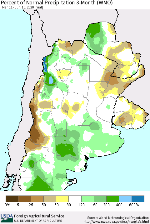 Southern South America Percent of Normal Precipitation 3-Month (WMO) Thematic Map For 3/11/2020 - 6/10/2020