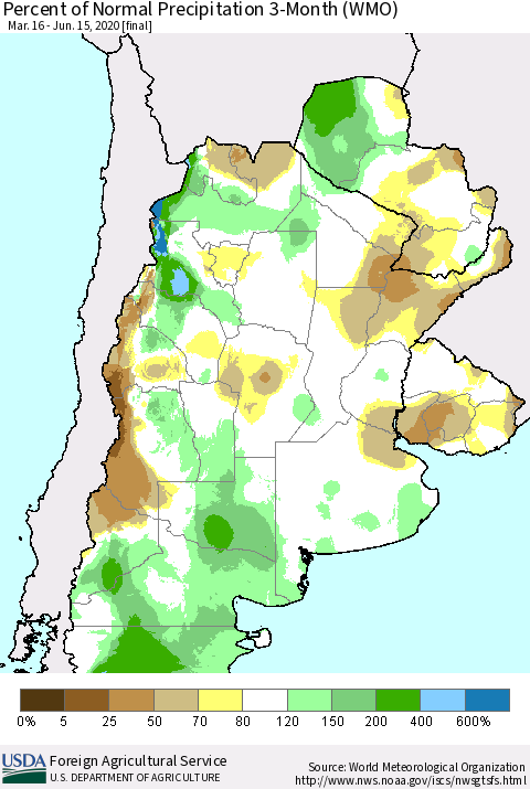 Southern South America Percent of Normal Precipitation 3-Month (WMO) Thematic Map For 3/16/2020 - 6/15/2020
