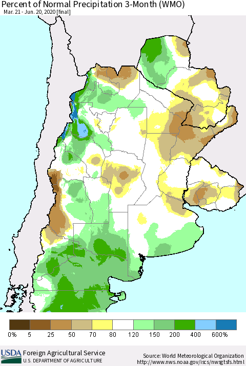 Southern South America Percent of Normal Precipitation 3-Month (WMO) Thematic Map For 3/21/2020 - 6/20/2020