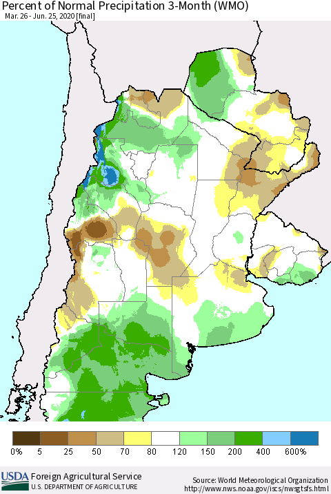 Southern South America Percent of Normal Precipitation 3-Month (WMO) Thematic Map For 3/26/2020 - 6/25/2020