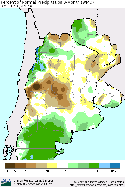 Southern South America Percent of Normal Precipitation 3-Month (WMO) Thematic Map For 4/1/2020 - 6/30/2020