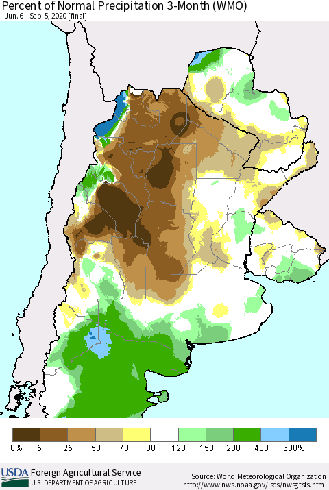 Southern South America Percent of Normal Precipitation 3-Month (WMO) Thematic Map For 6/6/2020 - 9/5/2020