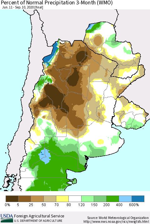 Southern South America Percent of Normal Precipitation 3-Month (WMO) Thematic Map For 6/11/2020 - 9/10/2020